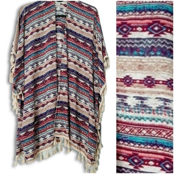 KISMET Light Boho Colorful Patterned Kimono Poncho Fringe Trim Southwestern OS - Picture 1 of 13